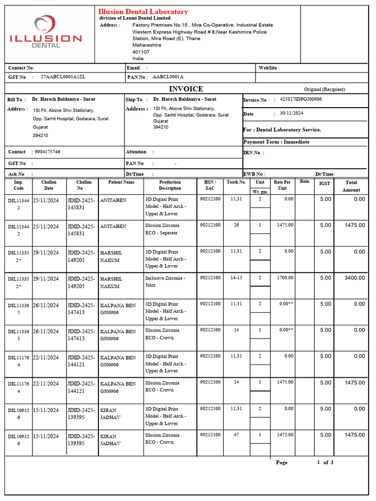 Dental Laboratory Invoice - Nov 2024 | PDF | Payments