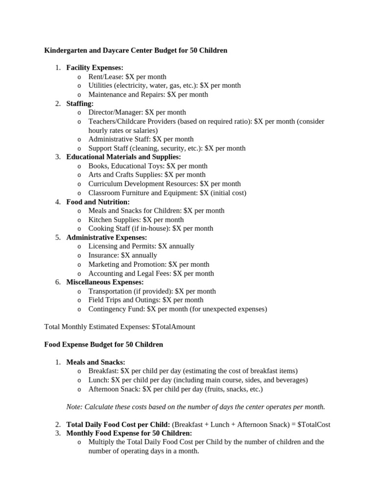 Kindergarten Budget Overview for 50 Kids | PDF