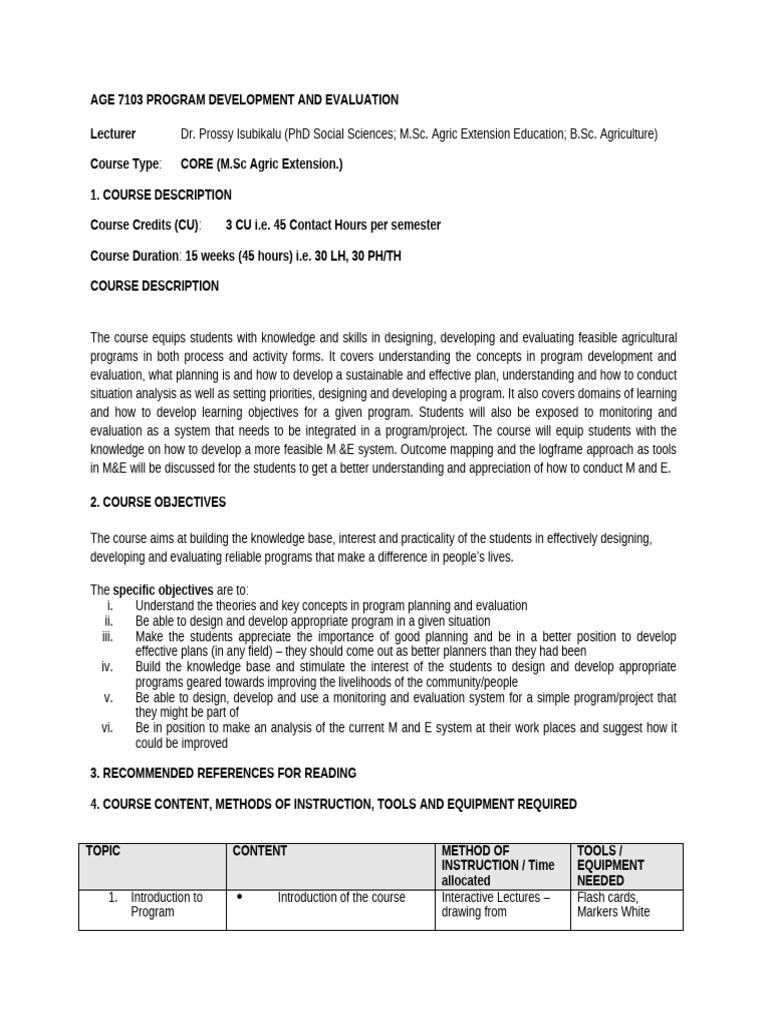 Agricultural Program Development Course | PDF | Evaluation | Lecture