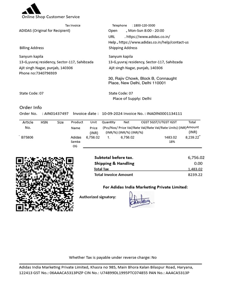 Adidas Invoice for Samba Purchase | PDF | Taxes | Public Administration