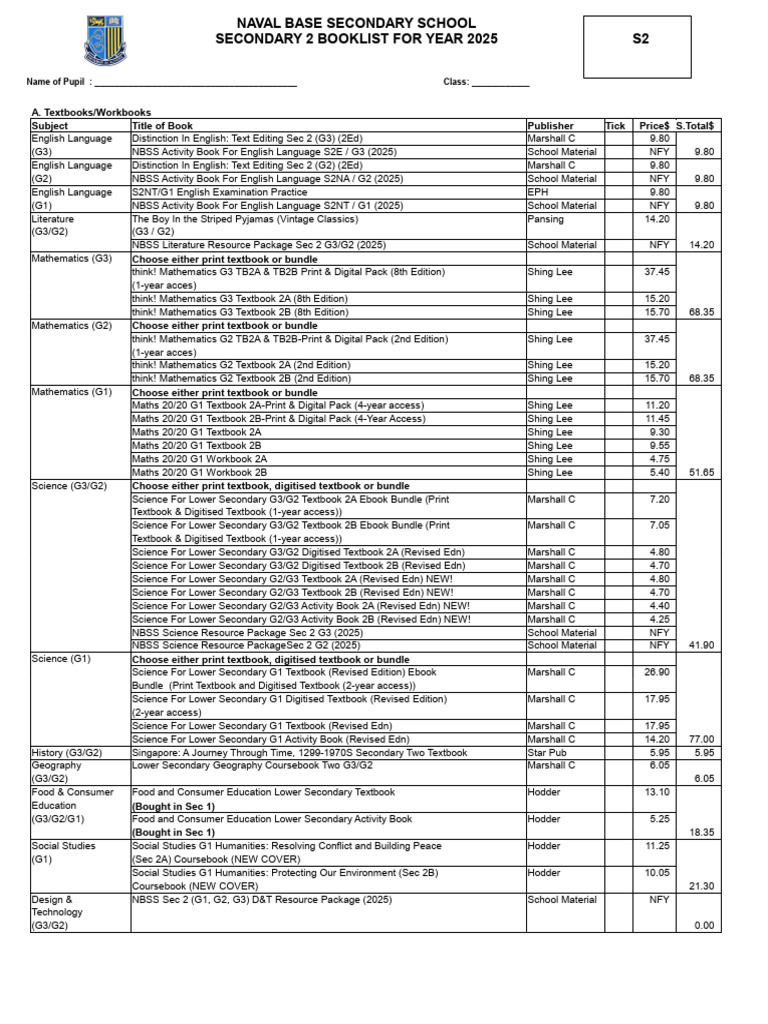 S2 NBSS FInal 2025 Booklist D4 101024 | PDF | Payments