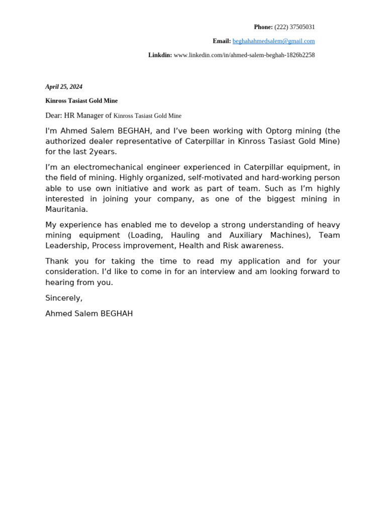 Application for Electromechanical Engineer Position | PDF