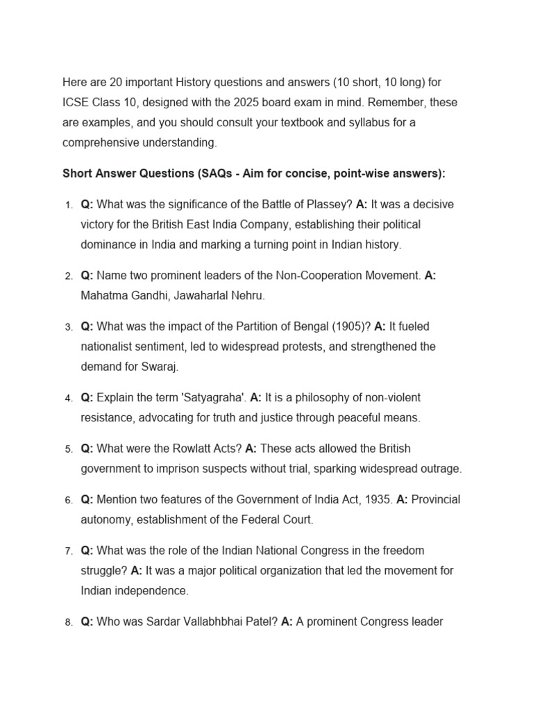 ICSE Class 10 History Q&A for 2025 Exam | PDF | British Raj | Partition ...