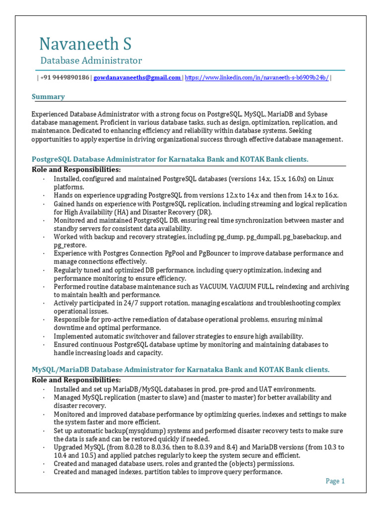 Database Administrator Profile Summary | PDF | Postgre Sql | Databases