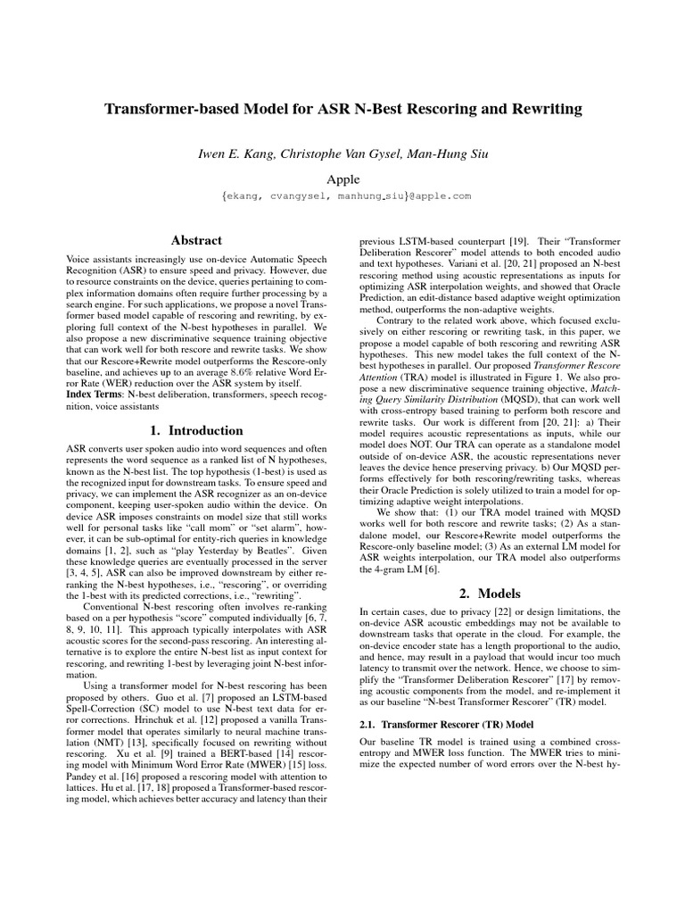 Transformer Model for ASR Rescoring | PDF | Speech Recognition ...