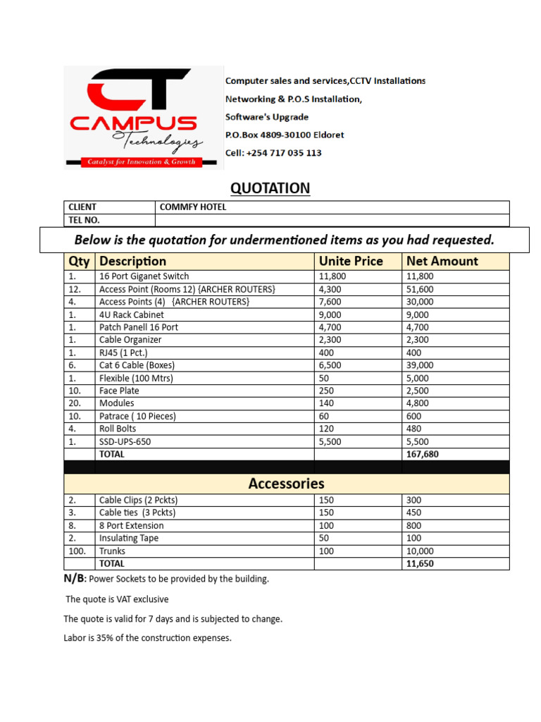 Quotation for Commfy Hotel Network Equipment | PDF