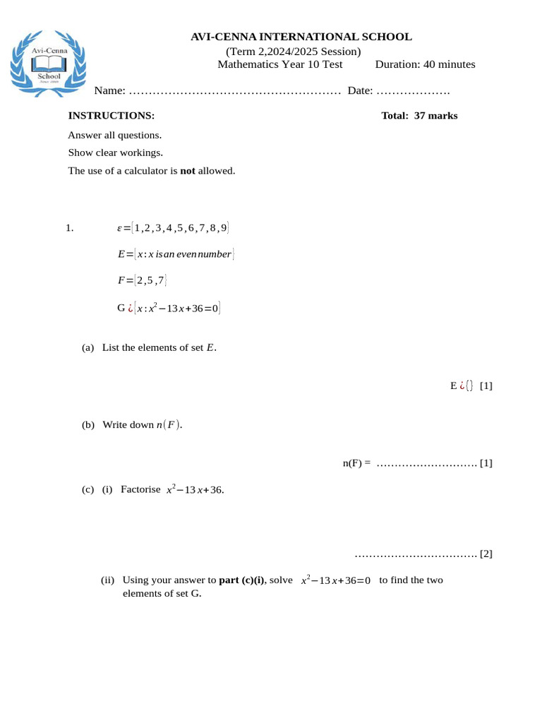 Grade 10 Mathematics Test Questions | PDF | Mathematics