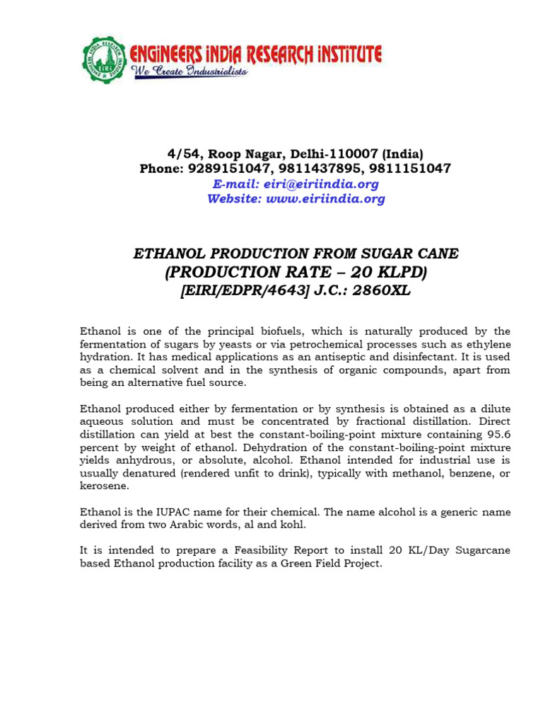 20 KLPD Ethanol Plant Cost Analysis | PDF | Ethanol | Chemistry