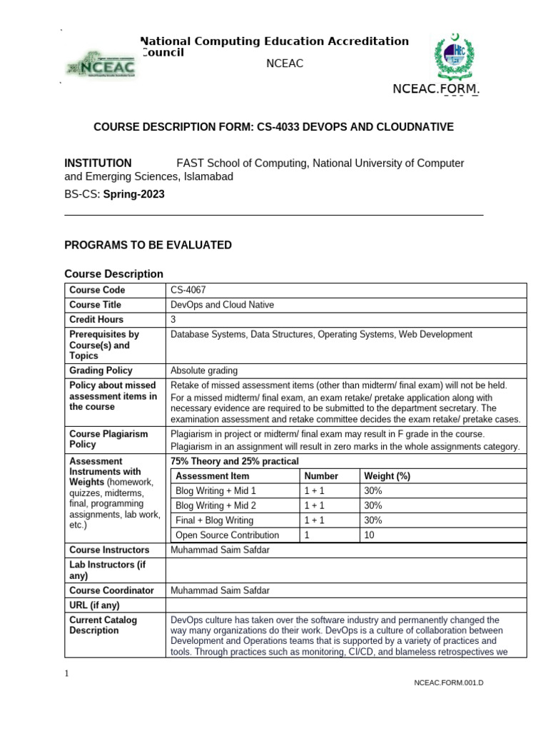 CS 4067 DevOps (BS CS) Spring 2023 | PDF | Knowledge | Computing