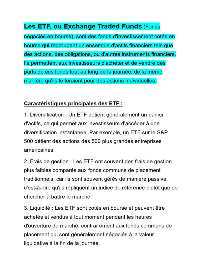 Comprendre les Exchange Traded Funds (ETF) | PDF