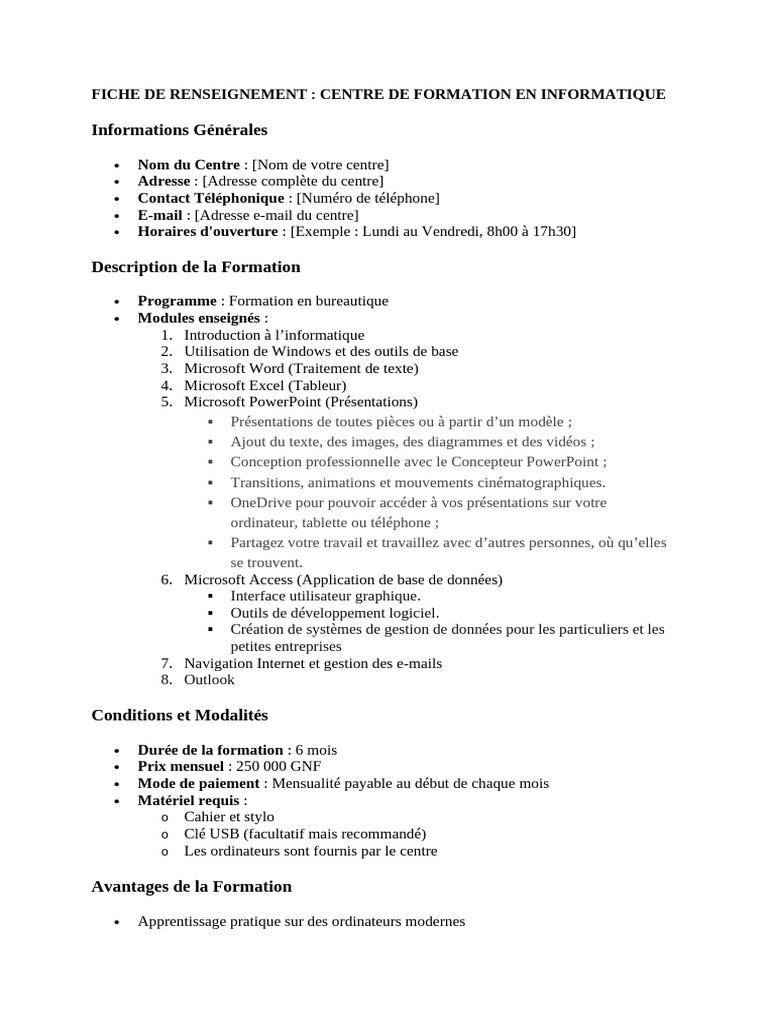 Fiche de Renseignement Formation Informatique | PDF | Microsoft | Génie ...