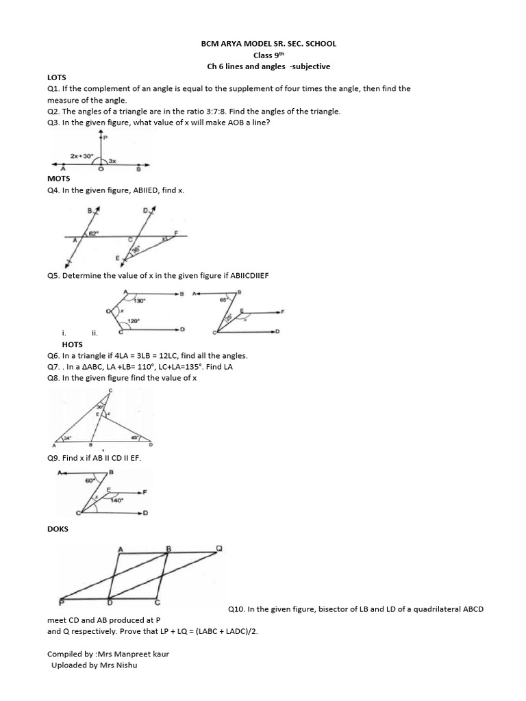 Class 9 Lines and Angles Questions | PDF