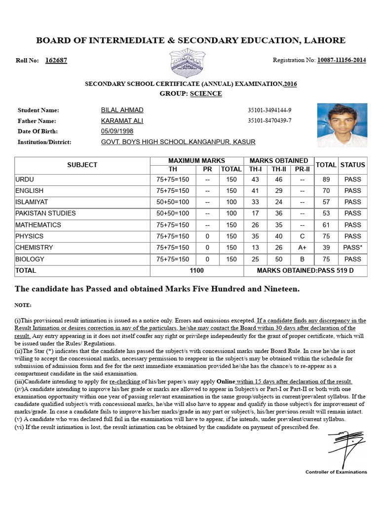 Matric Result: Bilal Ahmad, Lahore Board | PDF
