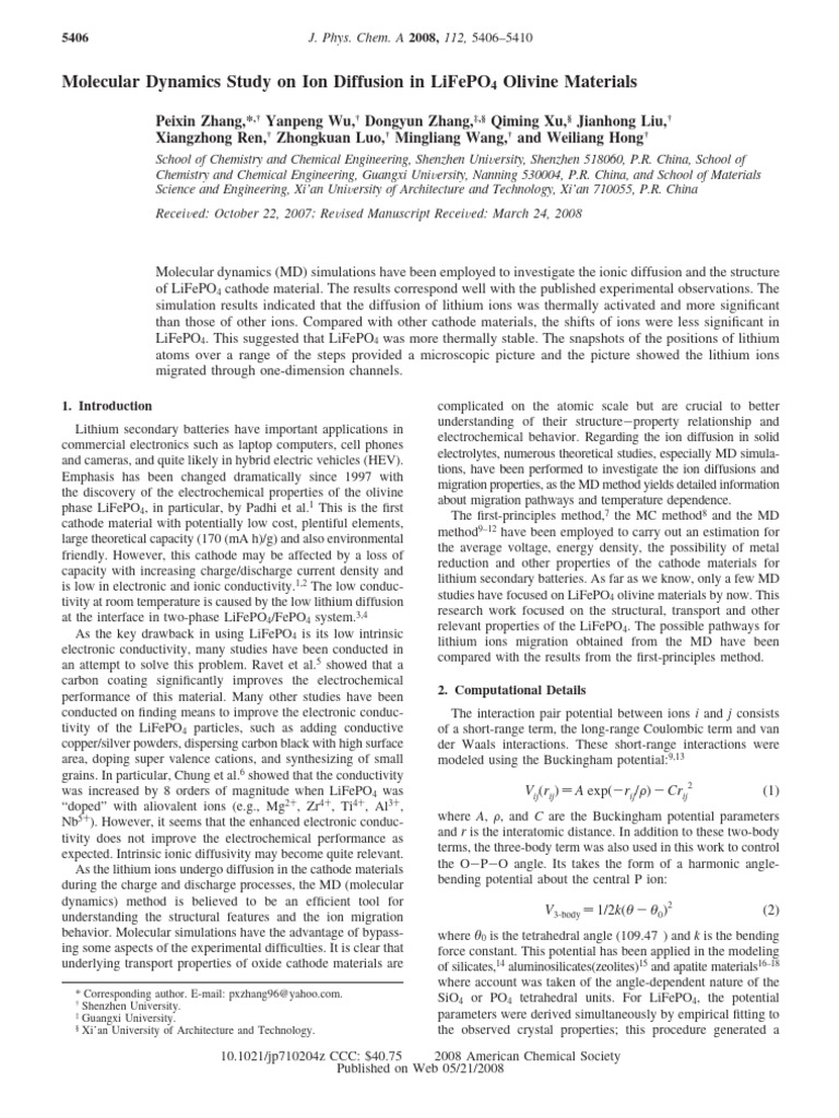 Zhang Et Al 2008 Molecular Dynamics Study On Ion Diffusion in Lifepo4 ...