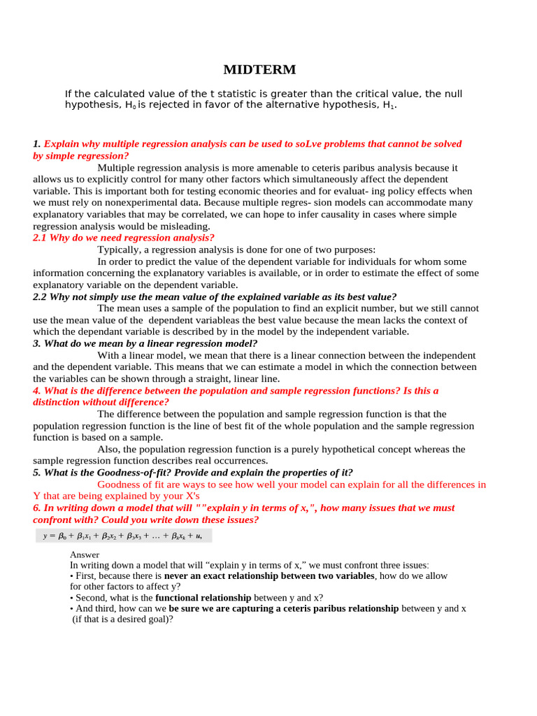 10 Câu Lý Thuyết Midterm | PDF | Regression Analysis | Dependent And ...
