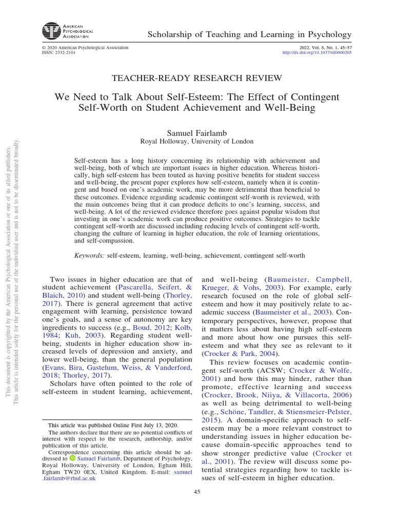 Contingent Self-Esteem in Education | PDF | Self Esteem | Psychology