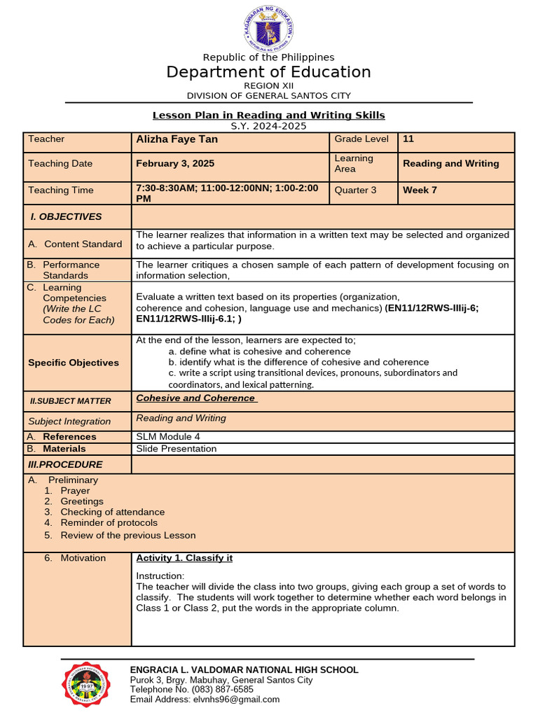 Grade 11 Reading & Writing Lesson Plan | PDF | Learning | Literacy