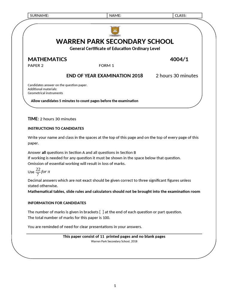 form 1 paper 2 | PDF | Area | Mathematics