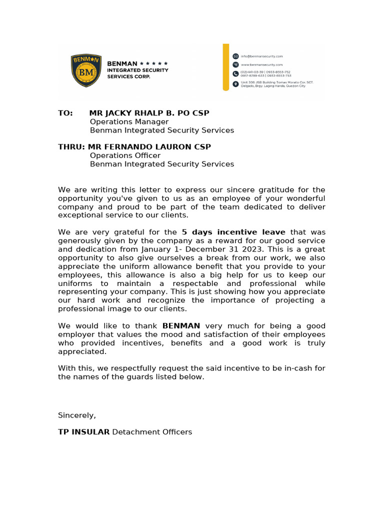 TP INSULAR REQUEST LETTER FOR UNIFORM AND INCENTIVES for the year 2023 ...