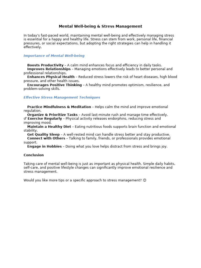 Mental Well-being & Stress Management Guide | PDF