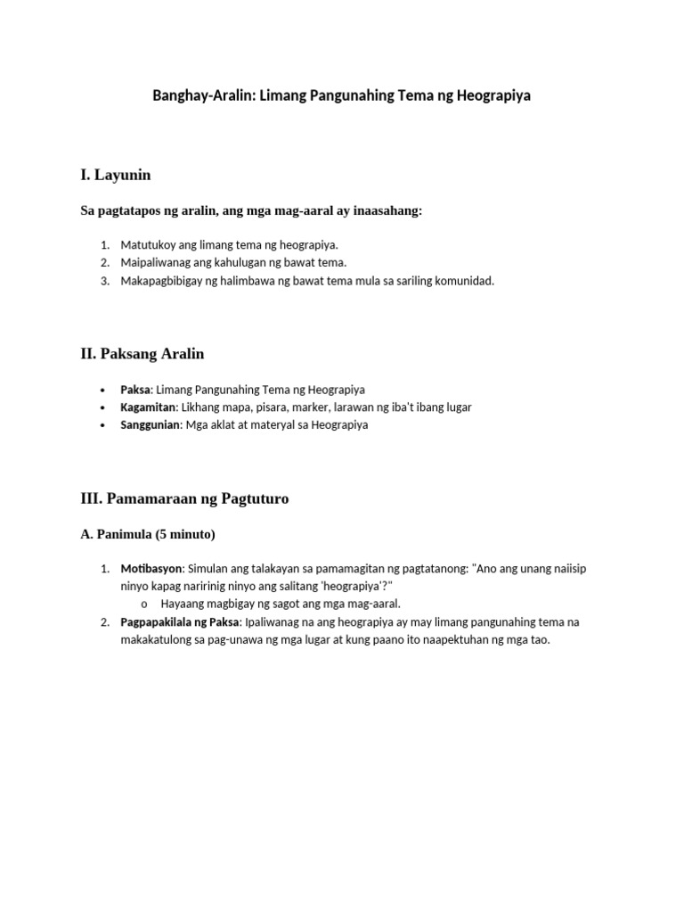 Limang Pangunahing Tema NG Heograpiya Lesson Plan | PDF