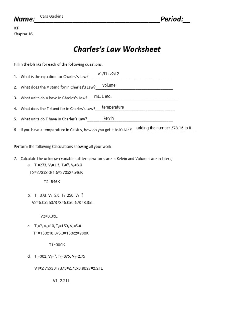 Charles's Law Worksheet and Calculations | PDF | Temperature ...