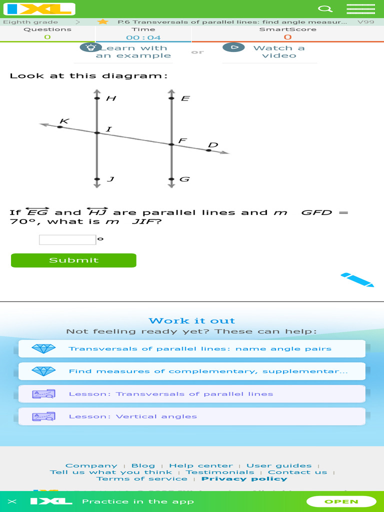 IXL Transversals of Parallel Lines Find Angle Measures 8th Grade Math | PDF