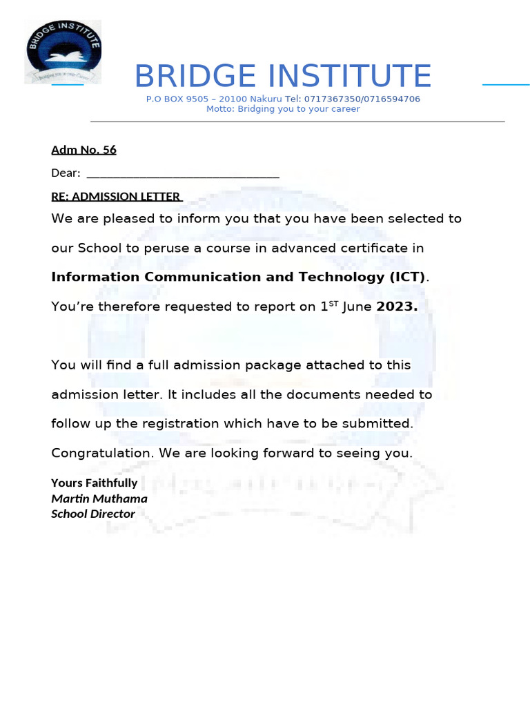Admission Letter for ICT Course | PDF