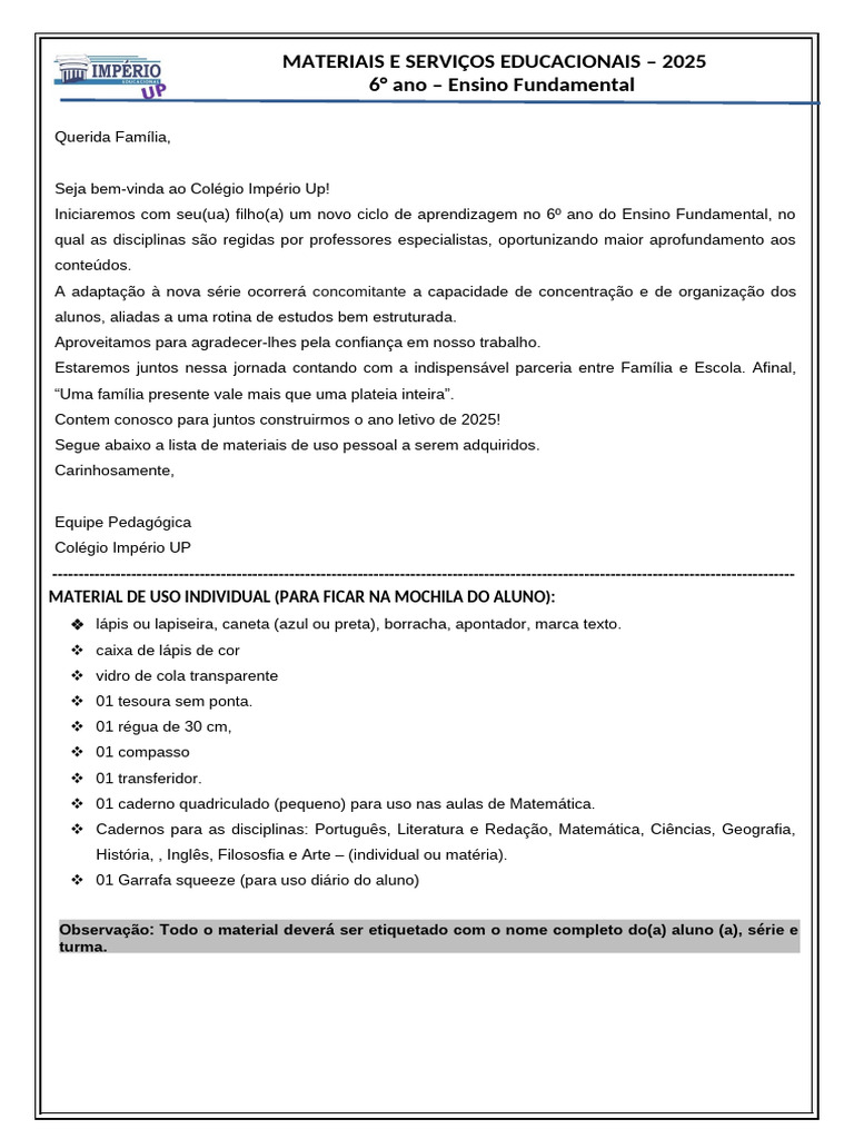 Materiais do 6º Ano - 2025 | PDF