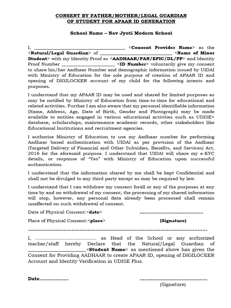 Consent Form for APAAR ID Generation | PDF | Justice | Crime & Violence