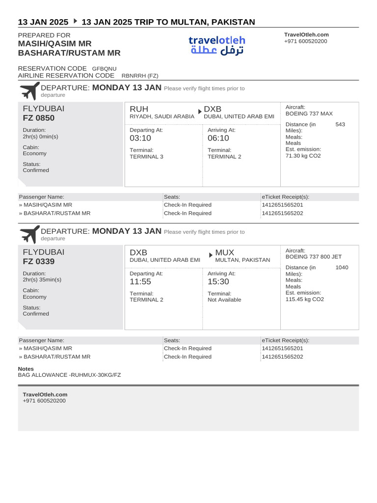 FlyDubai Flight Itinerary to Multan | PDF | Boeing | Airlines