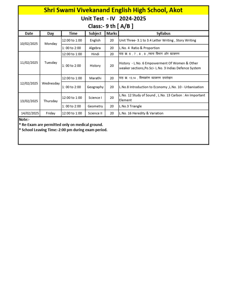 9th Exam Time Table | PDF