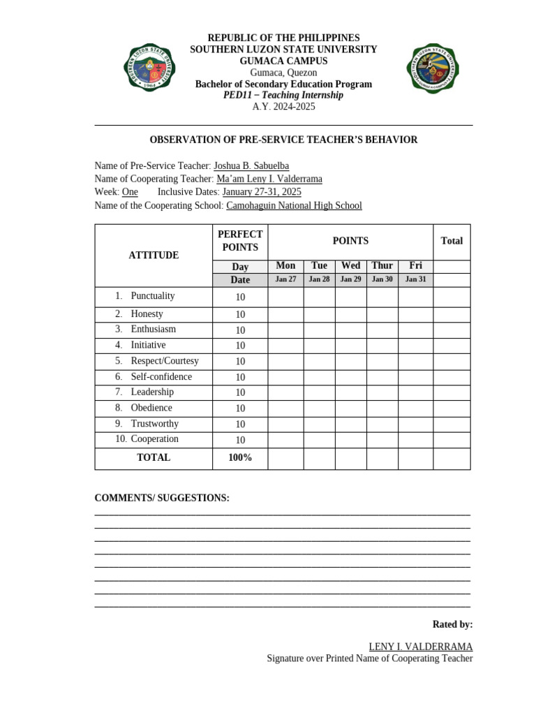 Weekly Observation of Behavior - Internship | PDF