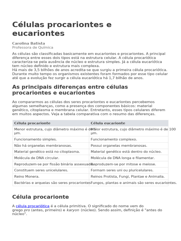 Diferenças entre Células Procariontes e Eucariontes | PDF | Célula ...