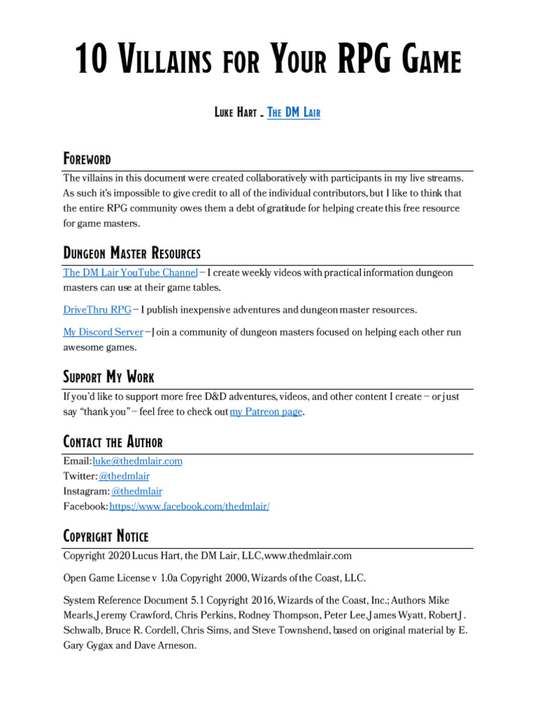 10 Unique RPG Villains for DMs | PDF