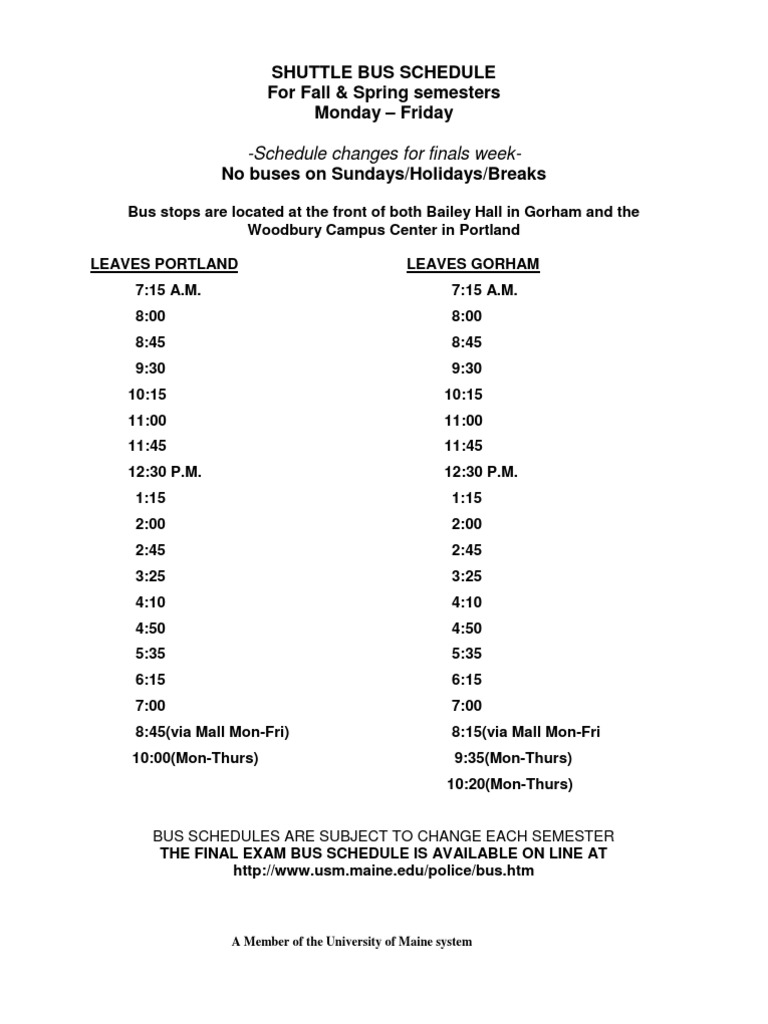 USM Shuttle Bus Schedule Fall/Spring | PDF | Foreign Language Studies