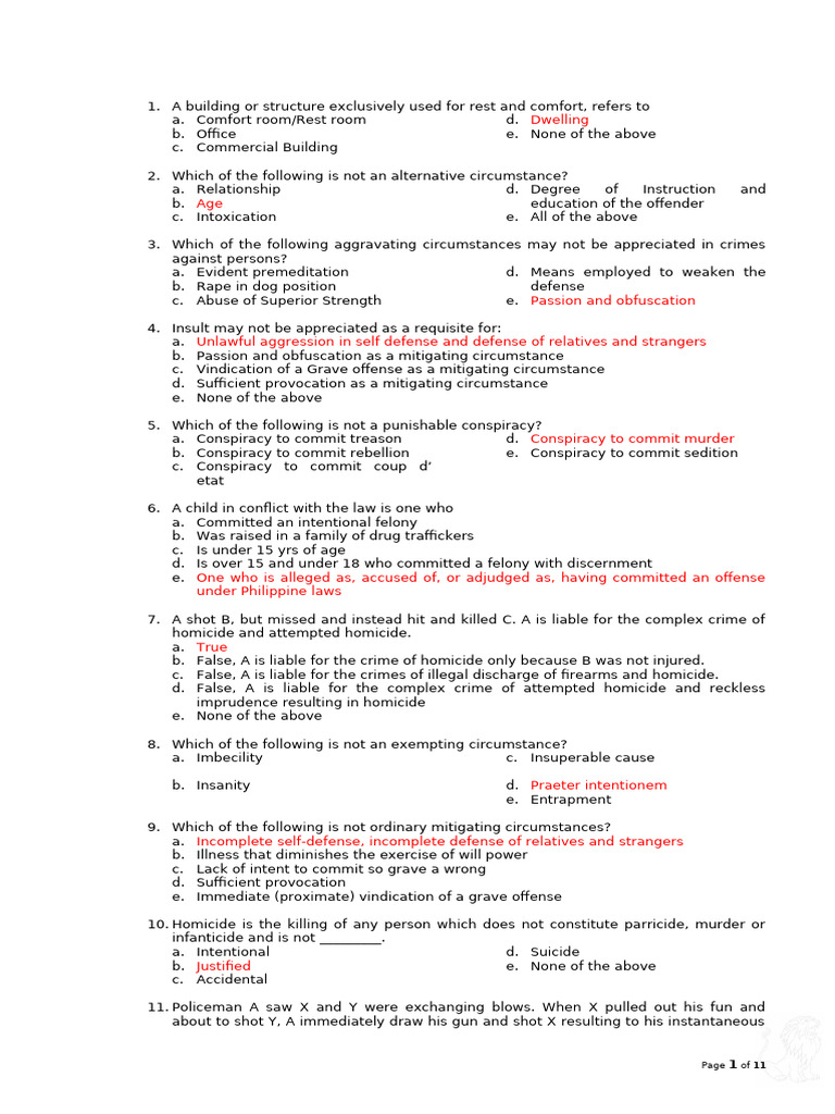 Criminal Law Book I Review Questions | PDF | Crime & Violence | Crimes