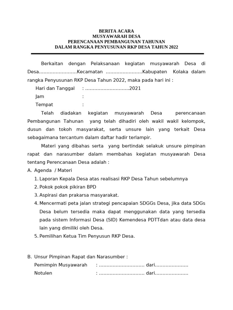 Berita Acara, Notulen, DH MUSDES PERENCANAAN DESA | PDF