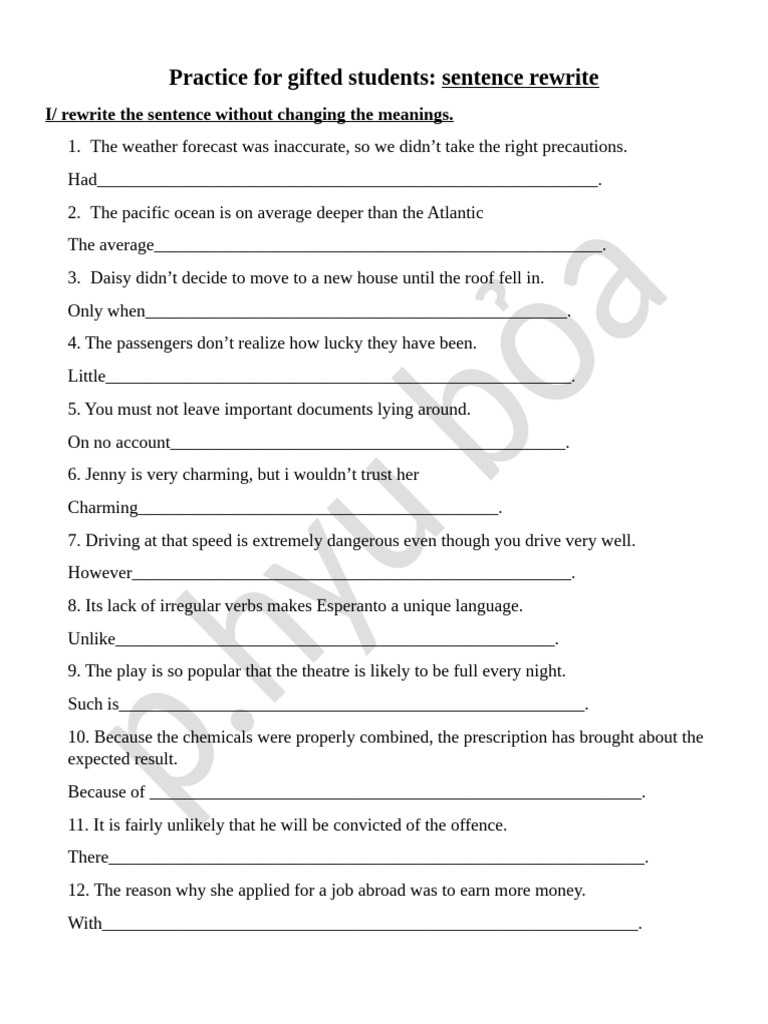 Sentence Rewriting Exercises for Gifted Students | PDF