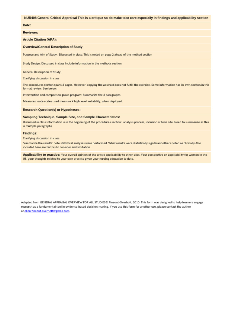 NUR408 Critical Appraisal Guide | PDF