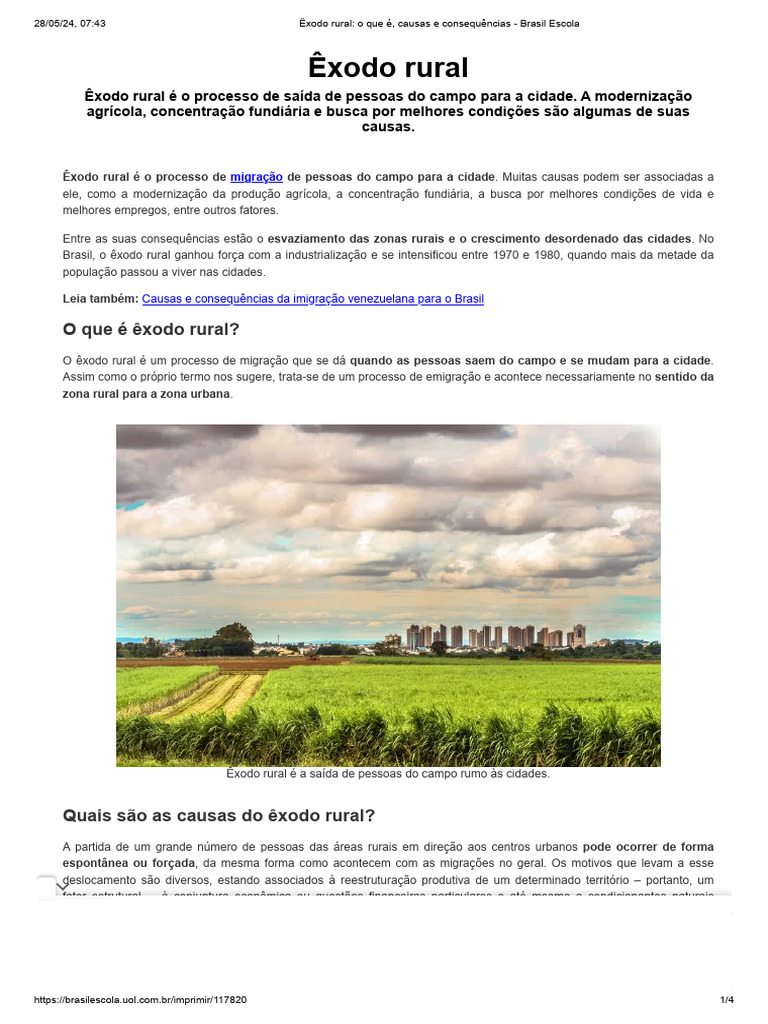 Causas e Consequências do Êxodo Rural | PDF | Agricultura | Urbanização