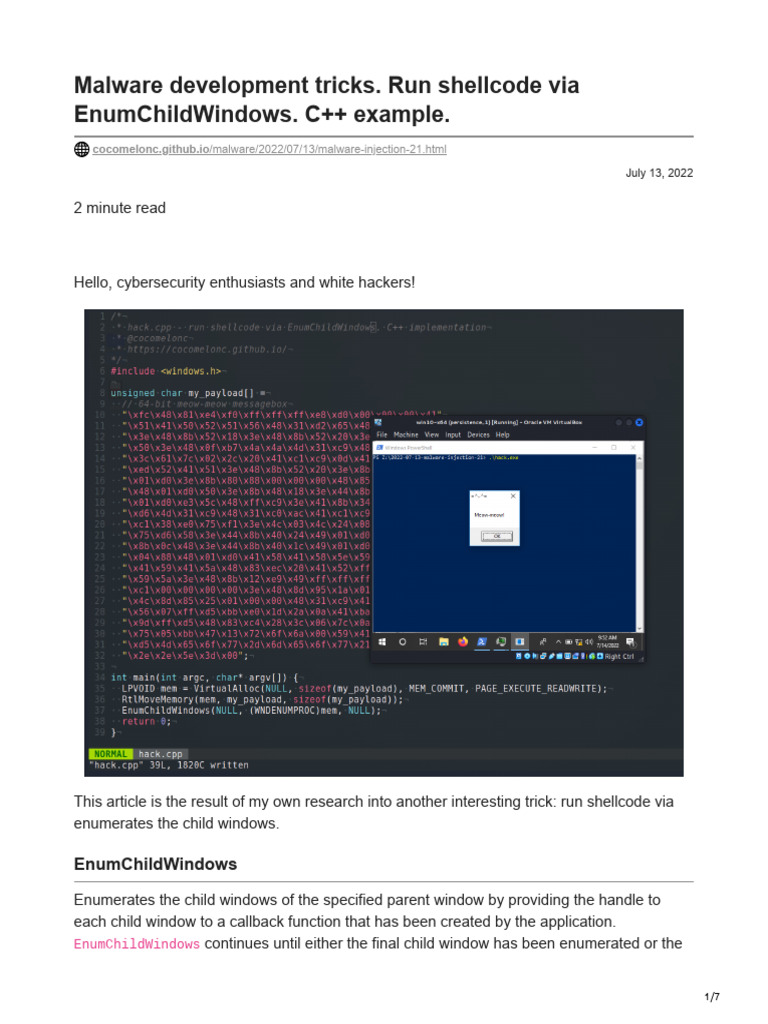 Run Shellcode with EnumChildWindows | PDF | Computer Security | Security