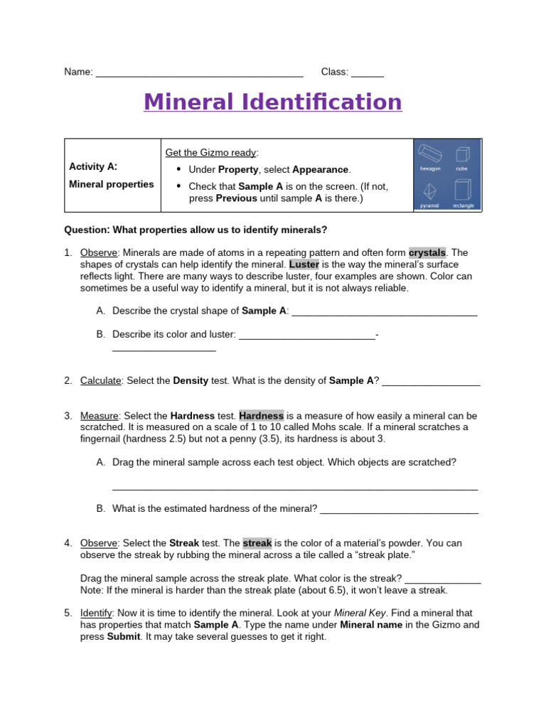 Mineral Identification Gizmo 3 Pdf Minerals Materials