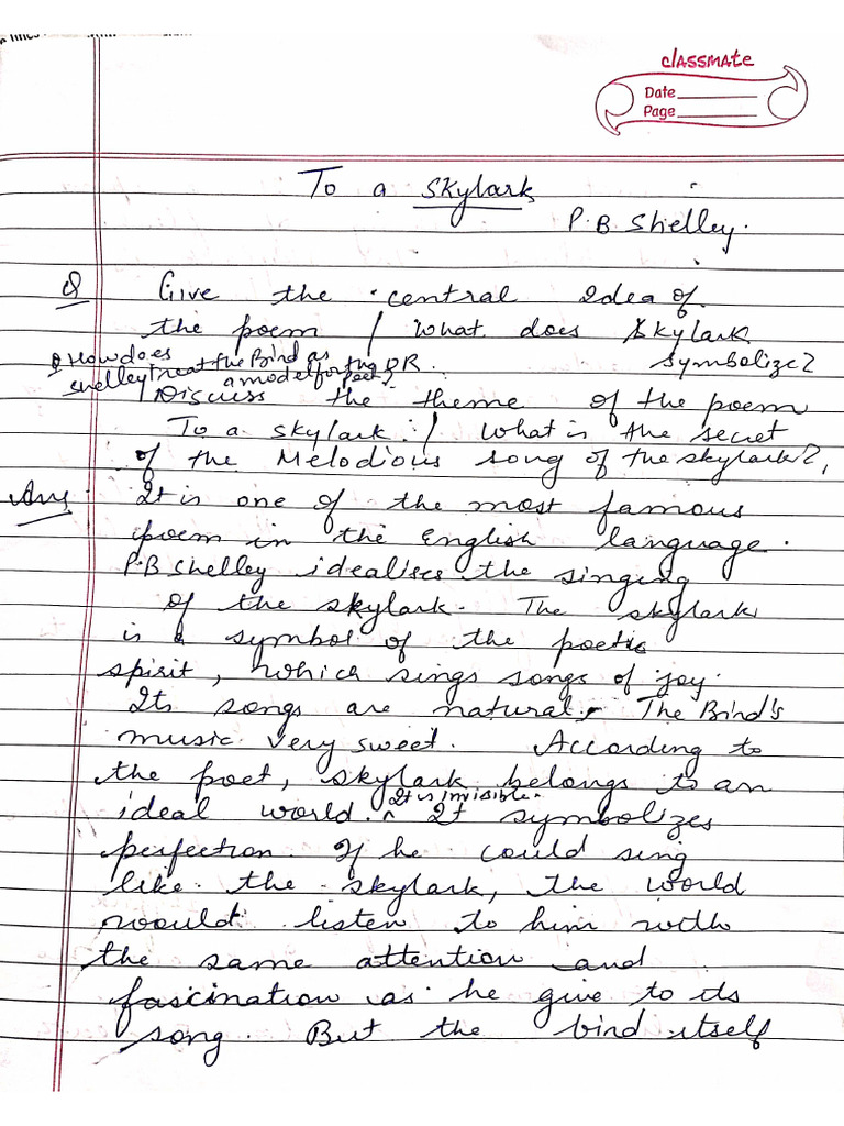 Notes of The Poem - To A Skylark | PDF