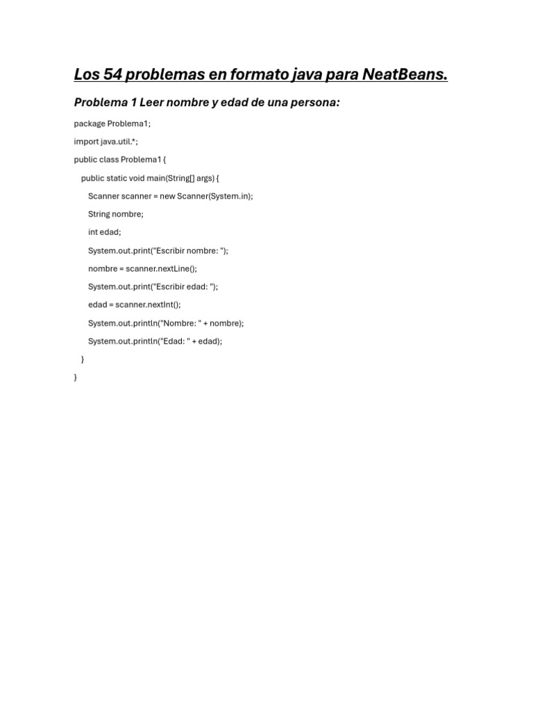 Problemas Java para NeatBeans: 54 Ejercicios | PDF | Java (lenguaje de ...