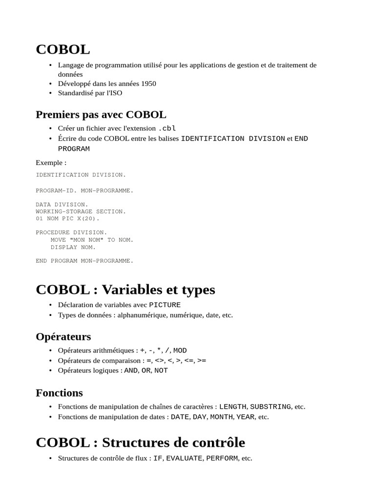 Introduction au langage COBOL | PDF