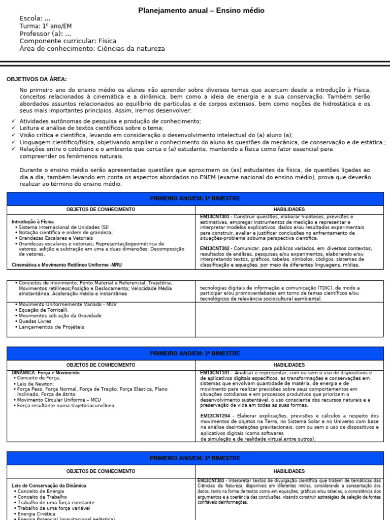 Planejamento Anual de Física 1º Ano EM | PDF | Física | Força