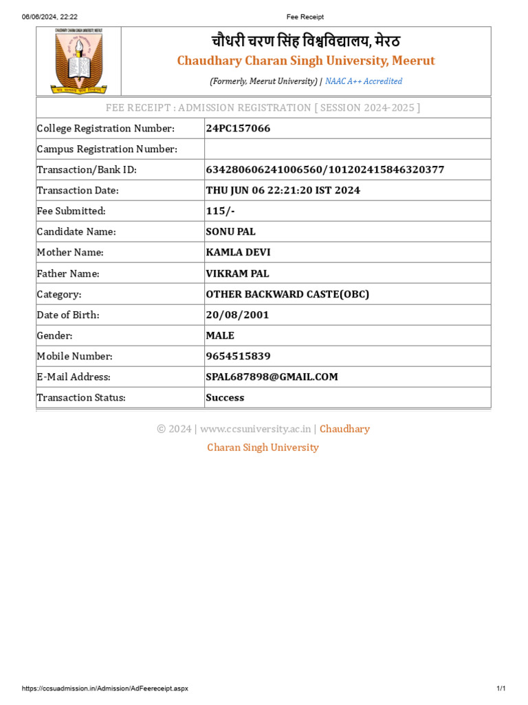 CCSU Admission Fee Receipt 2024 | PDF