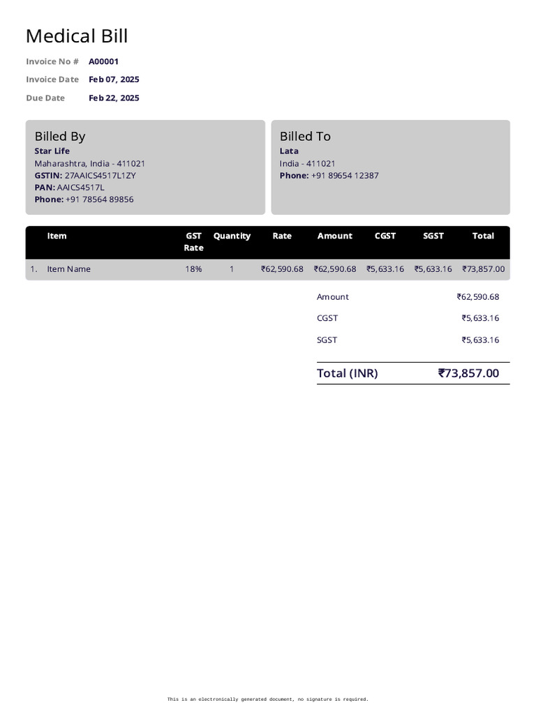 Medical Bill Invoice from Star Life | PDF