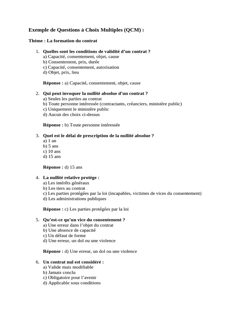 QCM sur la Formation du Contrat | PDF | Droits de tradition civiliste ...